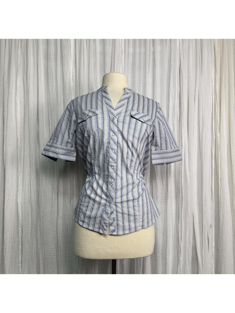 Y2K Preppy Academia Faded Glory Blue Striped Button-Up Blouse (M)